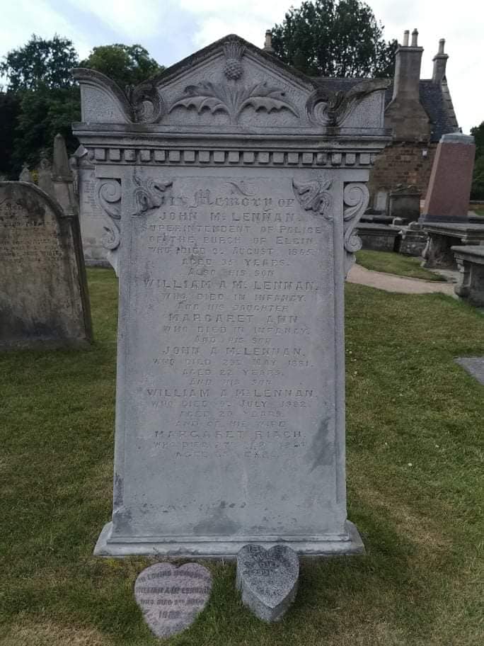 Photo of headstones/John McLennan d1865 hdstn Elgin Cathedral yd